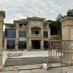 柳州 黄金麻花岗岩别墅雕花外墙干挂配上门口雕花罗马柱